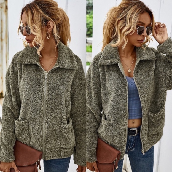 Jackets & Blazers - Softest teddy vegan fur zipper coat-  olive